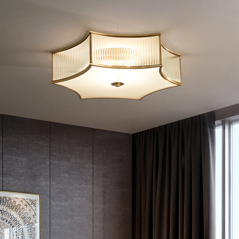 Gold Hexagram Flushmount Ceiling Lamp Simplicity Clear Rib Glass Bedroom Flush Light
