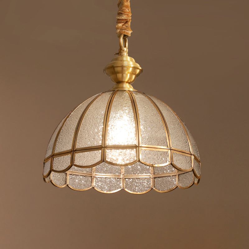 Antiqued Gold Hanging Light Traditional Water Glass Dome Pendant Lighting with Scalloped Edge