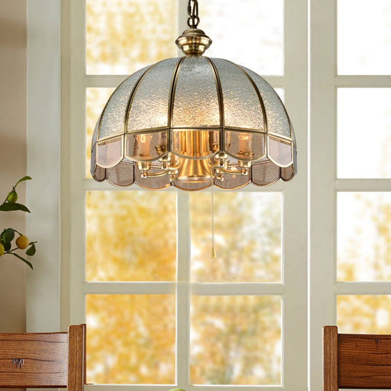 6 Bulbs Dome Chandelier Pendant Light Antique Brass Water Glass Hanging Light with Scalloped Trim