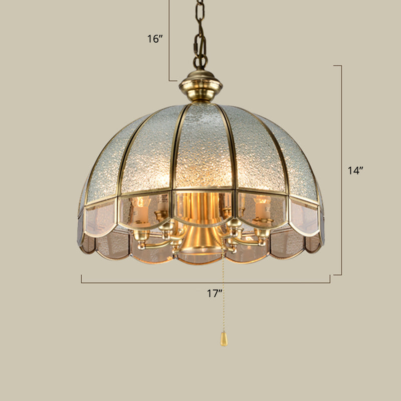 6 Bulbs Dome Chandelier Pendant Light Antique Brass Water Glass Hanging Light with Scalloped Trim
