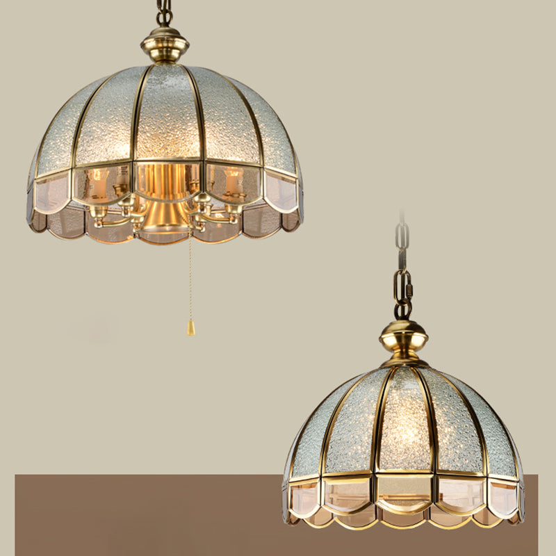6 Bulbs Dome Chandelier Pendant Light Antique Brass Water Glass Hanging Light with Scalloped Trim