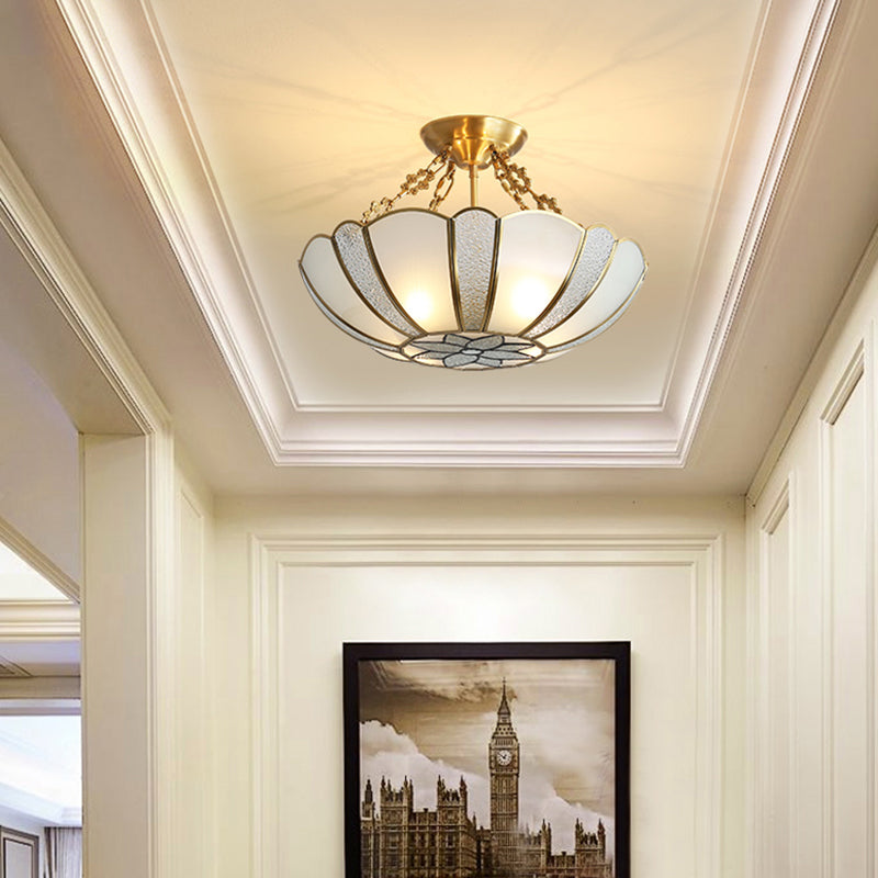 Brass Basket Shaped Chandelier Colonial Style Textured White Glass 4-Light Dining Room Pendant Light