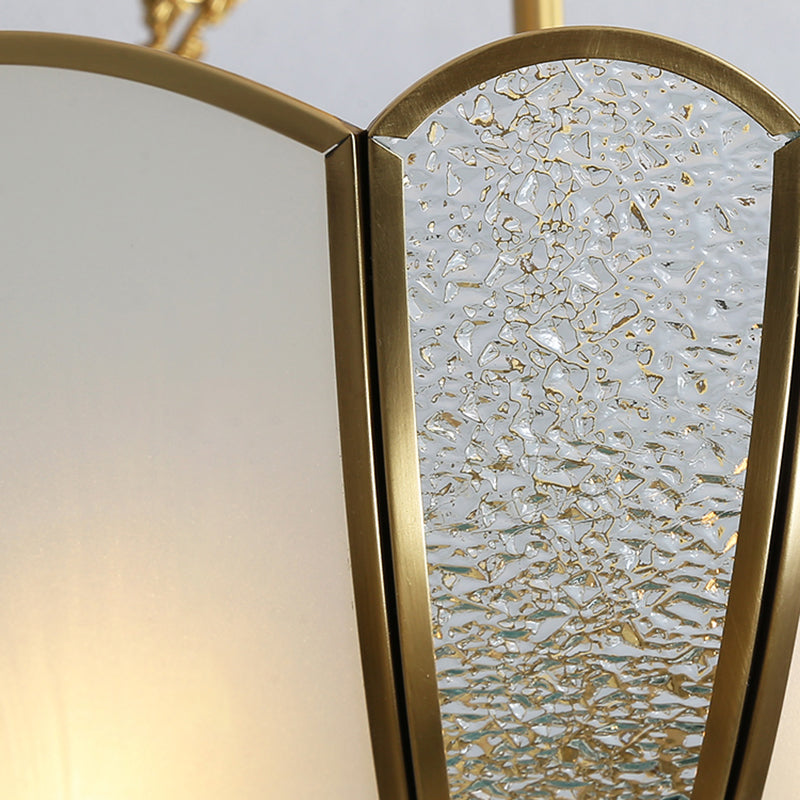 Brass Basket Shaped Chandelier Colonial Style Textured White Glass 4-Light Dining Room Pendant Light