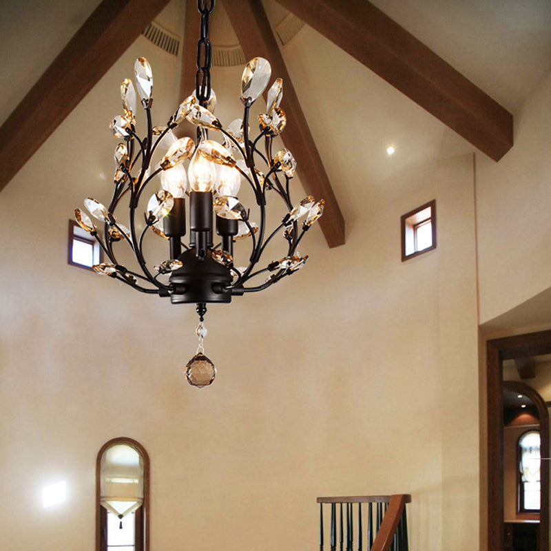 Crystal Branch Chandelier Lamp Modern 3 Bulbs Black/Gold Pendant Lighting Fixture with Global Drop