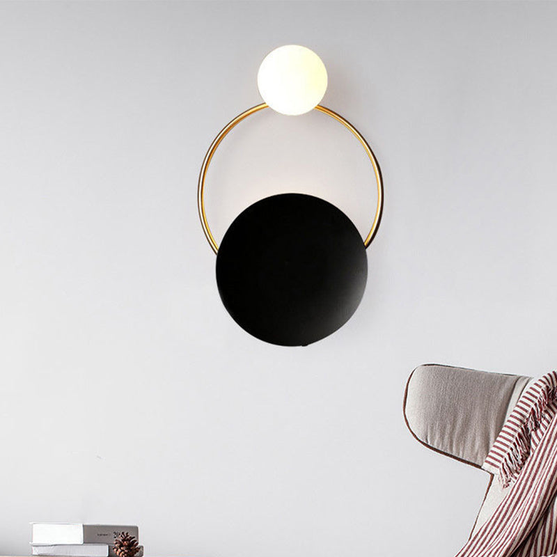 2-Bulb Opaline Glass Wall Light Vintage Style Black Globe Bedroom Wall Sconce with Round Backplate