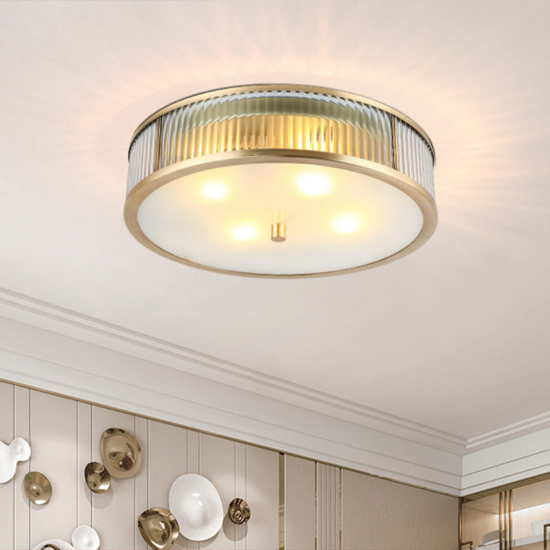 Simplicity Drum Shaped Flush Mount Lamp Clear Ribbed Glass Ceiling Light in Brass for Bedroom