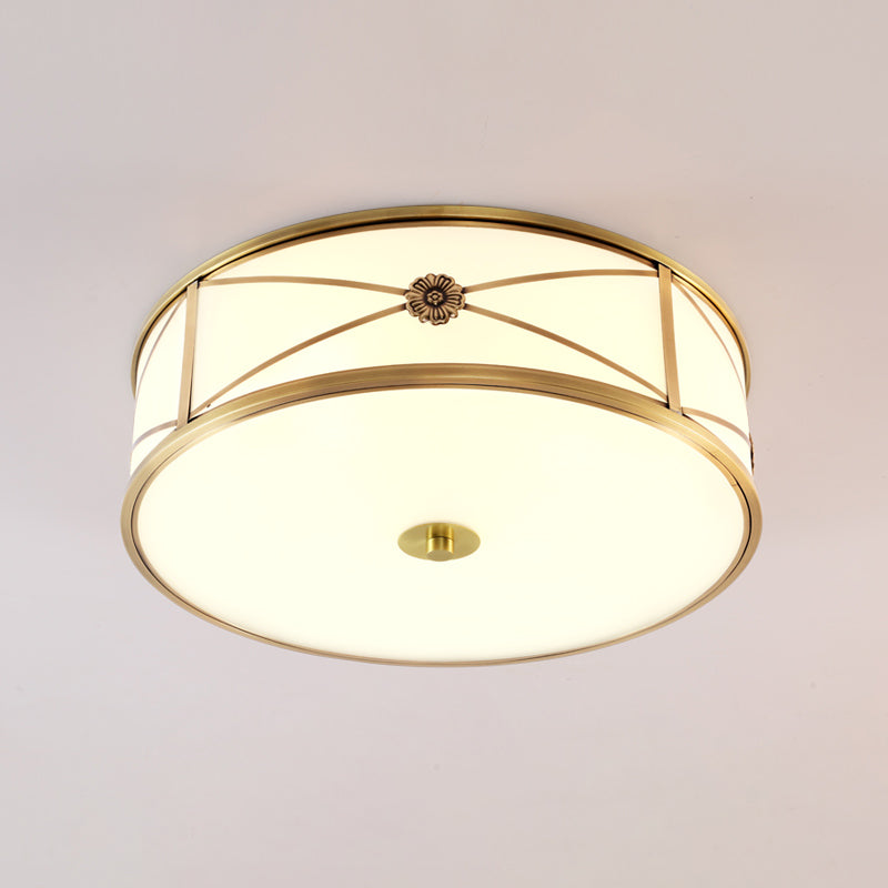 Drum Shaped Flush Mount Light Minimalist Brass White Glass Ceiling Lamp for Bedroom