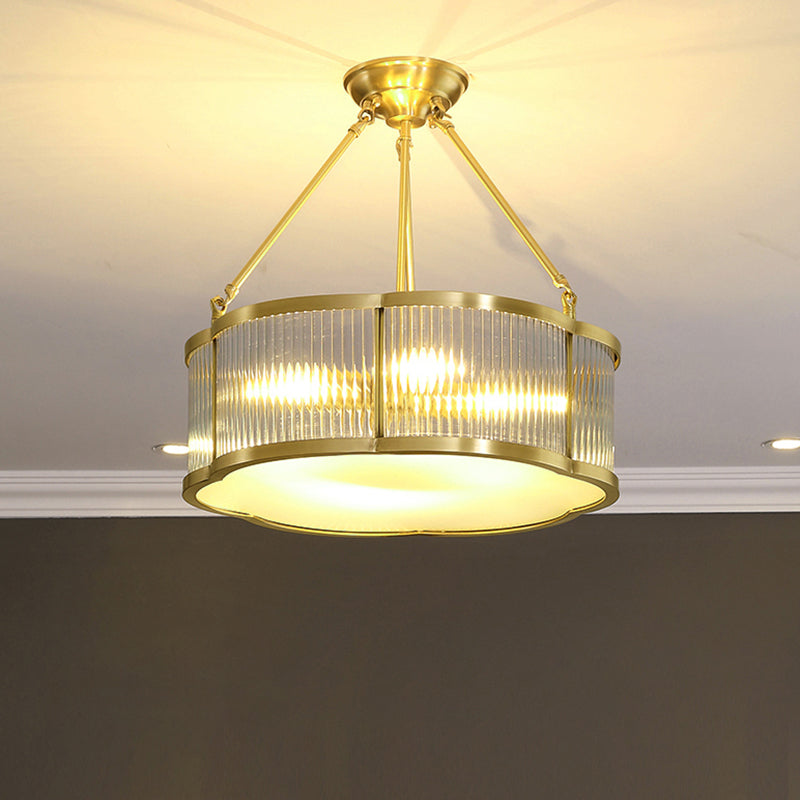 Gold Floral Hanging Lamp Traditional Clear Ribbed Glass Living Room Chandelier Light
