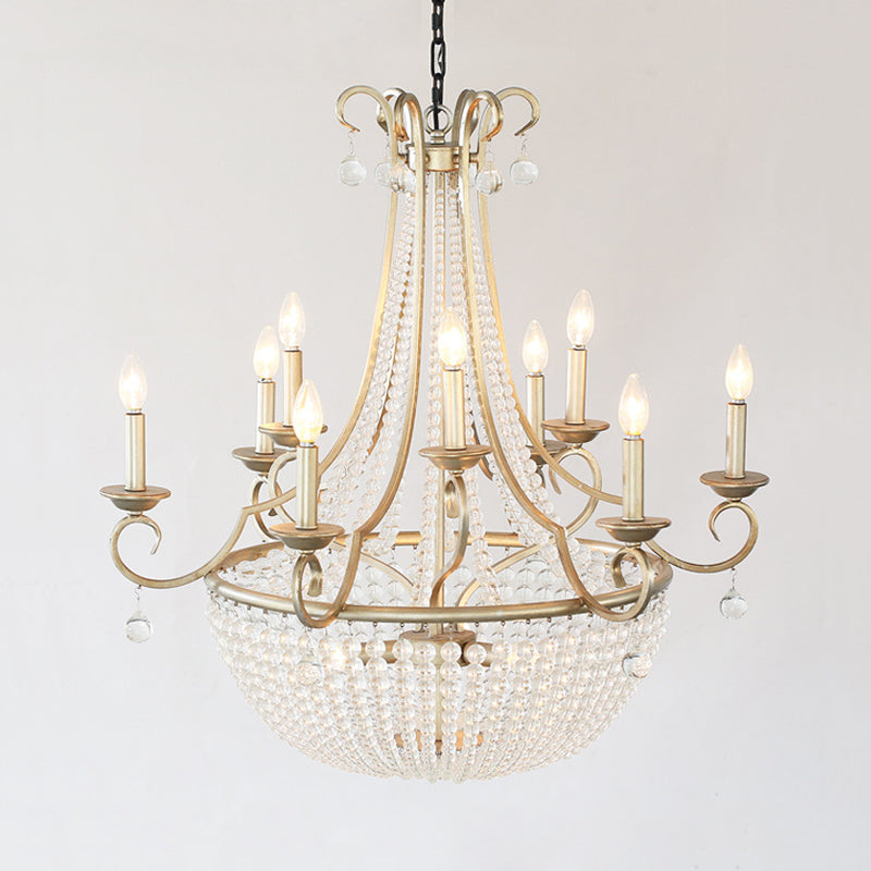 Modernism Candle Ceiling Chandelier Crystal 9 Heads Hanging Light Fixture in Brass for Bedroom
