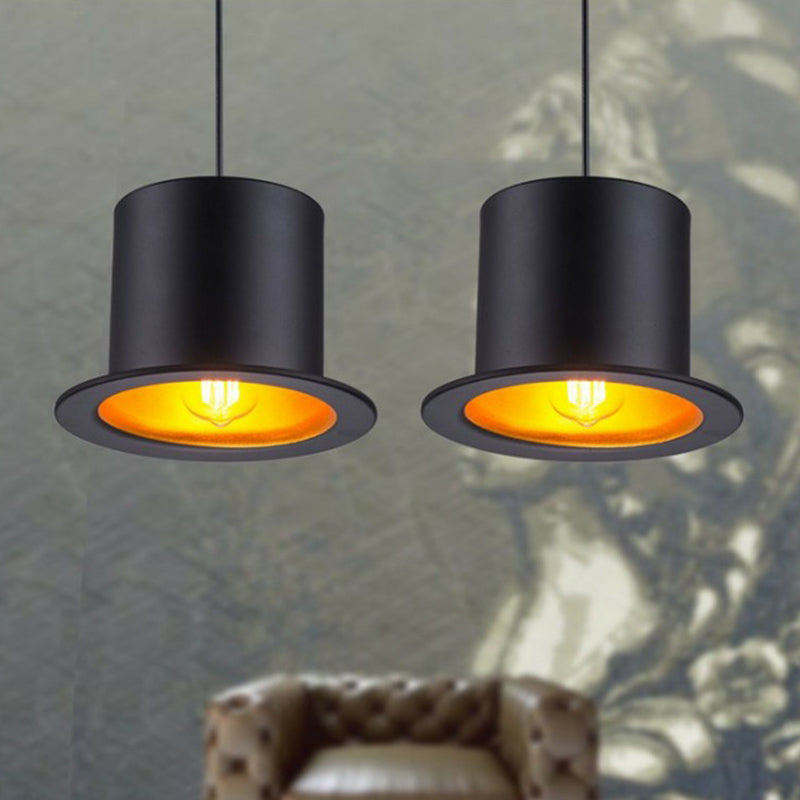 Black Gentleman Hat Shaped Hanging Lamp Loft 1 Bulb Metal Ceiling Light for Dining Room
