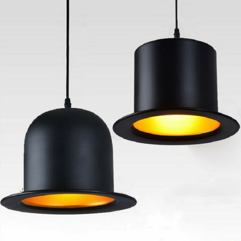 Black Gentleman Hat Shaped Hanging Lamp Loft 1 Bulb Metal Ceiling Light for Dining Room