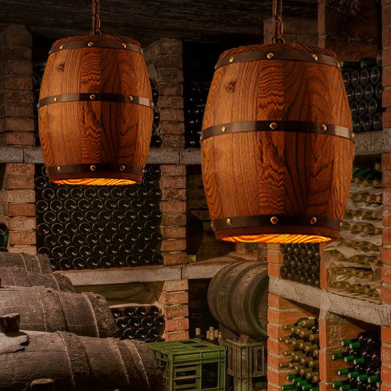 Wooden Wine Barrel Pendant Light Fixture Rustic 1-Light Brown Suspension Lighting for Bistro