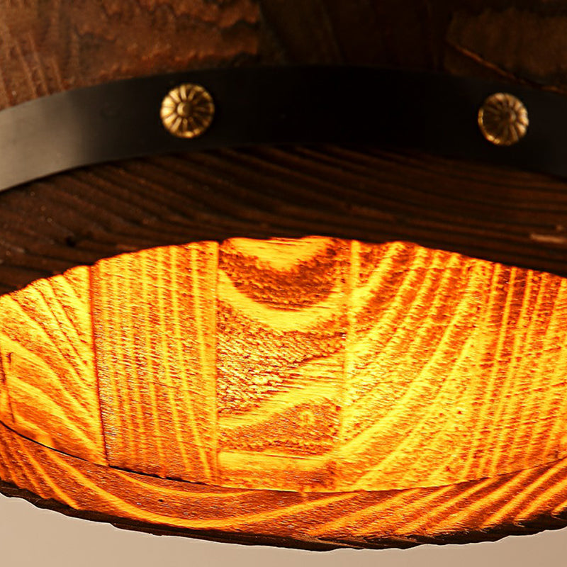 Wooden Wine Barrel Pendant Light Fixture Rustic 1-Light Brown Suspension Lighting for Bistro