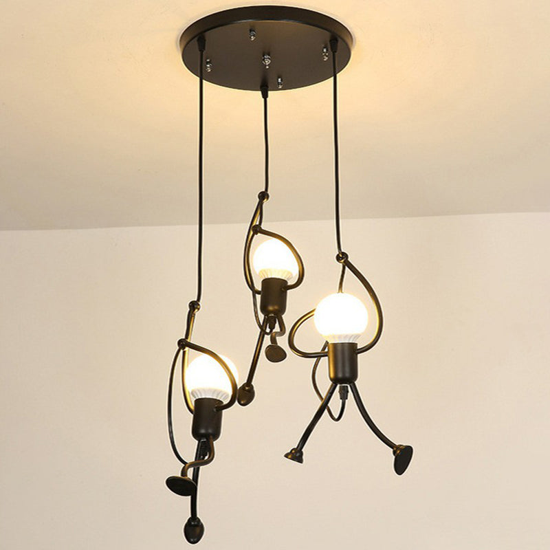 Artistic Stickman Shaped Pendant Lamp Metal 3-Light Dining Room Multiple Hanging Light in Black