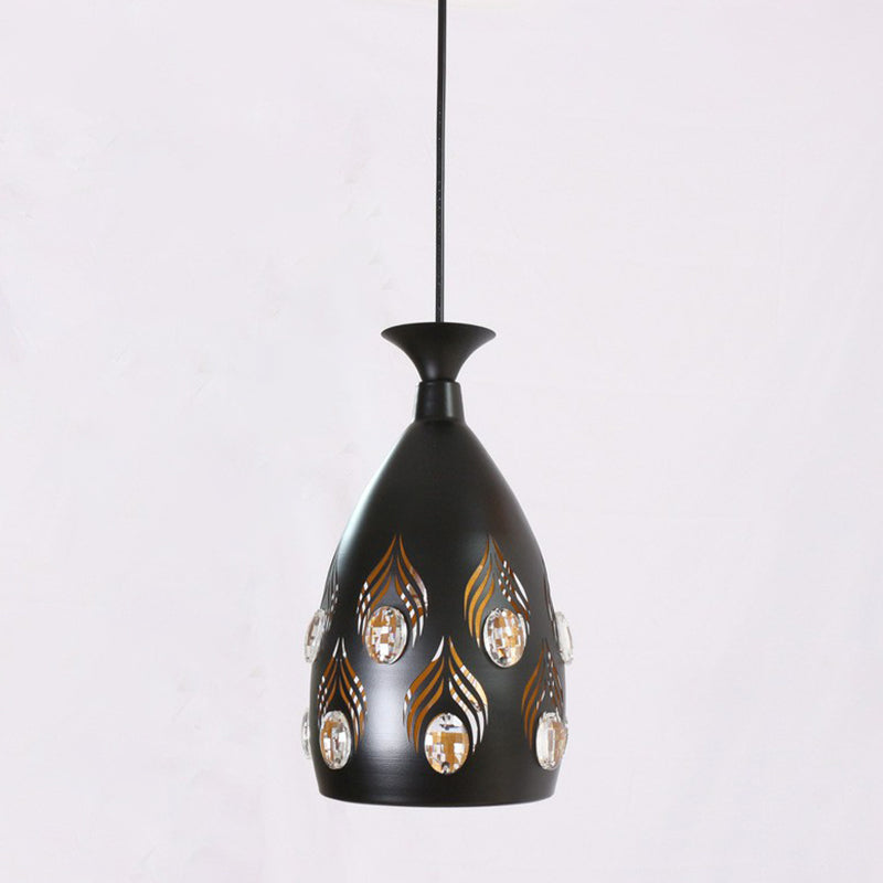 Cup Shaped Metal Cluster Pendant Light Artistic 3 Heads Black Hollowed-out Ceiling Lamp with Inserted Crystals