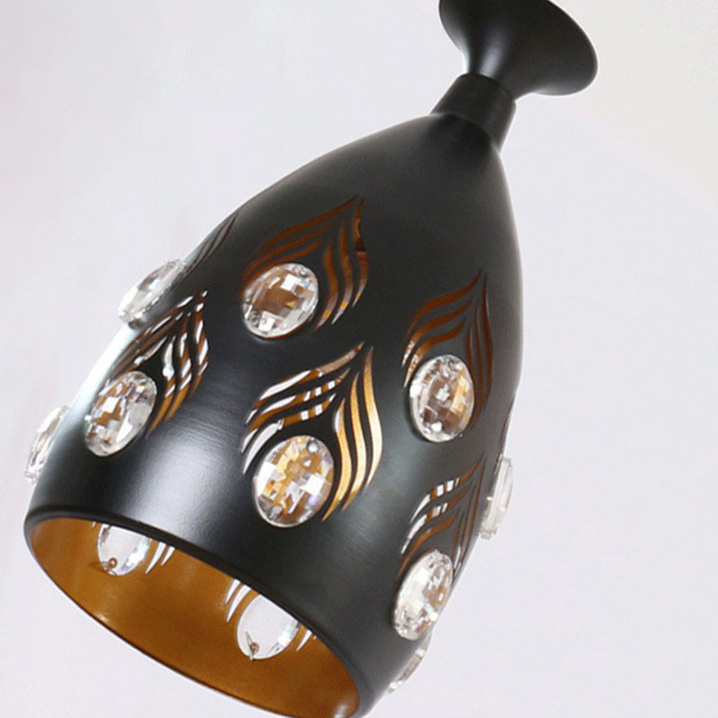 Cup Shaped Metal Cluster Pendant Light Artistic 3 Heads Black Hollowed-out Ceiling Lamp with Inserted Crystals