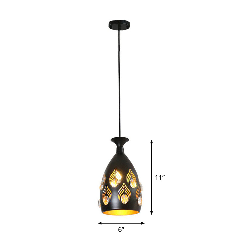 Cup Shaped Metal Cluster Pendant Light Artistic 3 Heads Black Hollowed-out Ceiling Lamp with Inserted Crystals