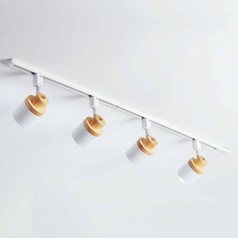 Nordic Cylindrical Flush Mount Spotlight Metal Bedroom Semi Flush Track Light with Wood Deco