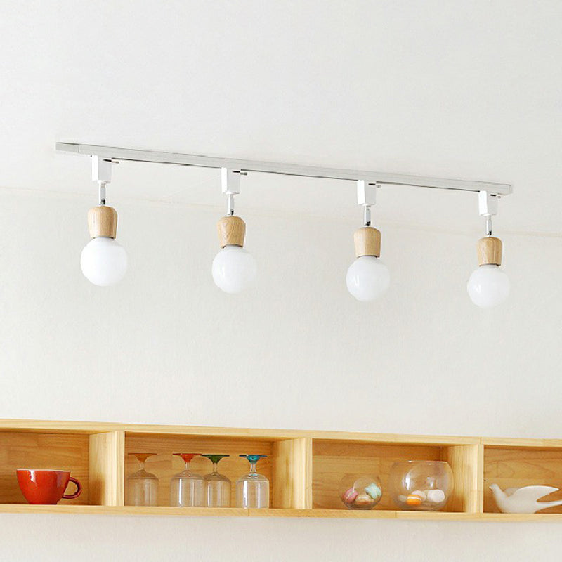 Exposed Bulb Track Lighting Simplicity Wooden 4-Light Dining Room Semi Flush Ceiling Light in White