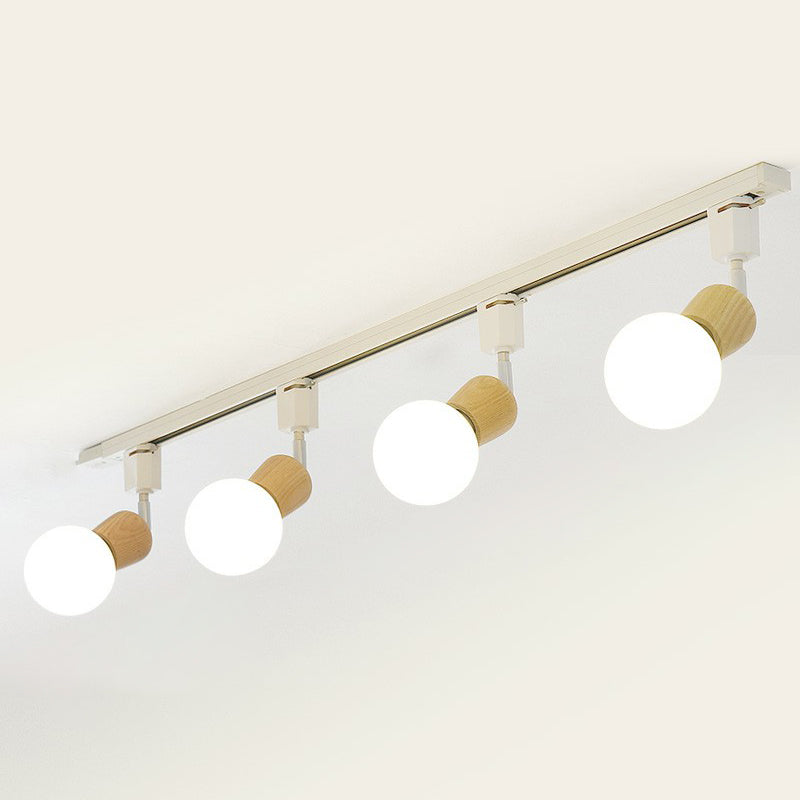 Exposed Bulb Track Lighting Simplicity Wooden 4-Light Dining Room Semi Flush Ceiling Light in White
