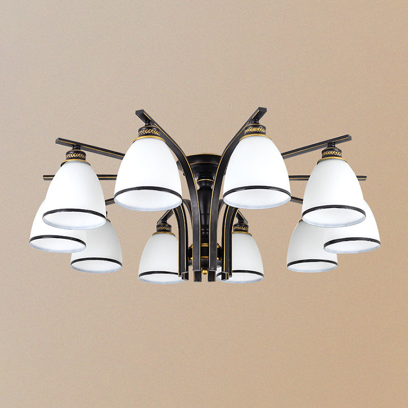 Minimalist Bell Shape Ceiling Light Cream Glass Semi Flush Light in Black for Dining Room