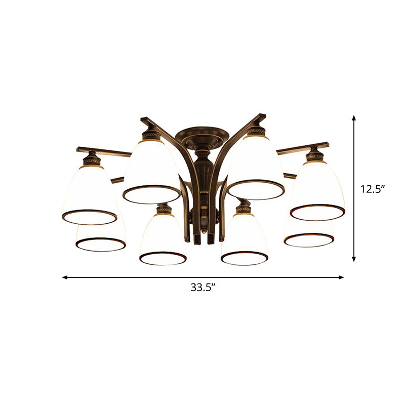Minimalist Bell Shape Ceiling Light Cream Glass Semi Flush Light in Black for Dining Room
