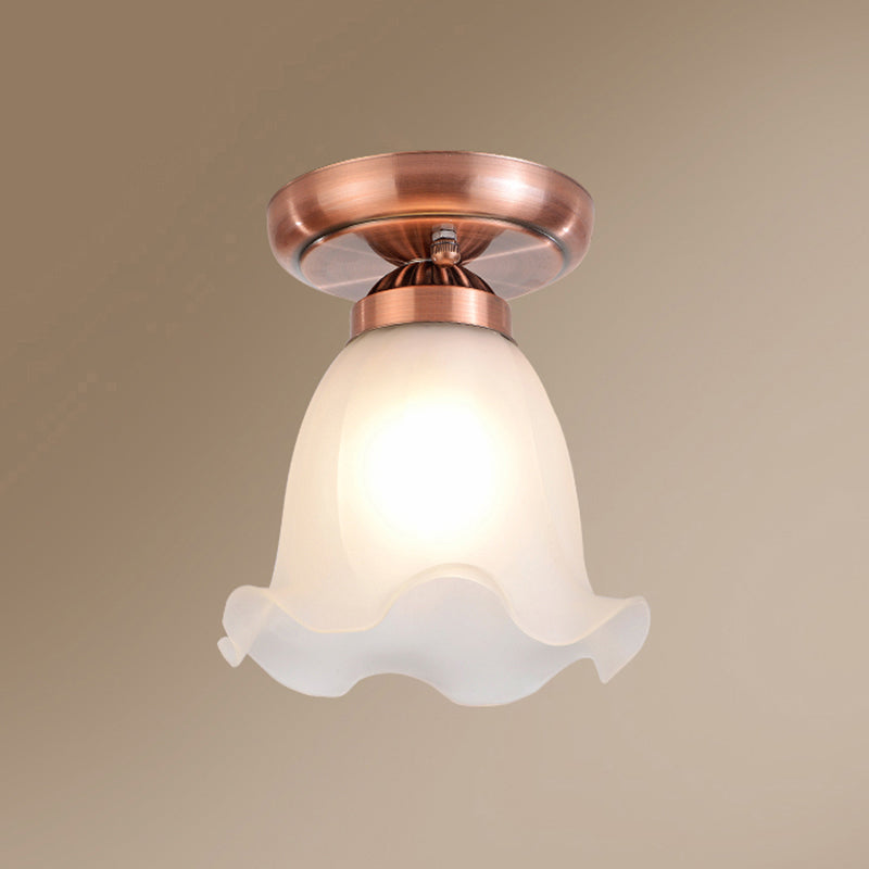 1 Bulb Frosted White Glass Flush Light Rustic Floral Bedroom Ceiling Mount Light Fixture