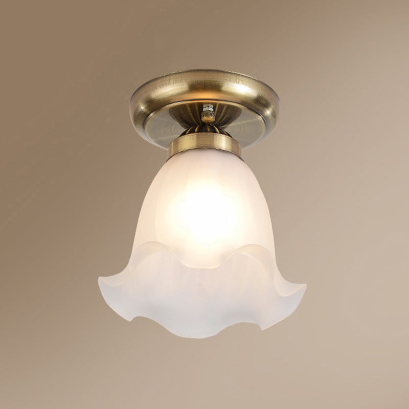 1 Bulb Frosted White Glass Flush Light Rustic Floral Bedroom Ceiling Mount Light Fixture