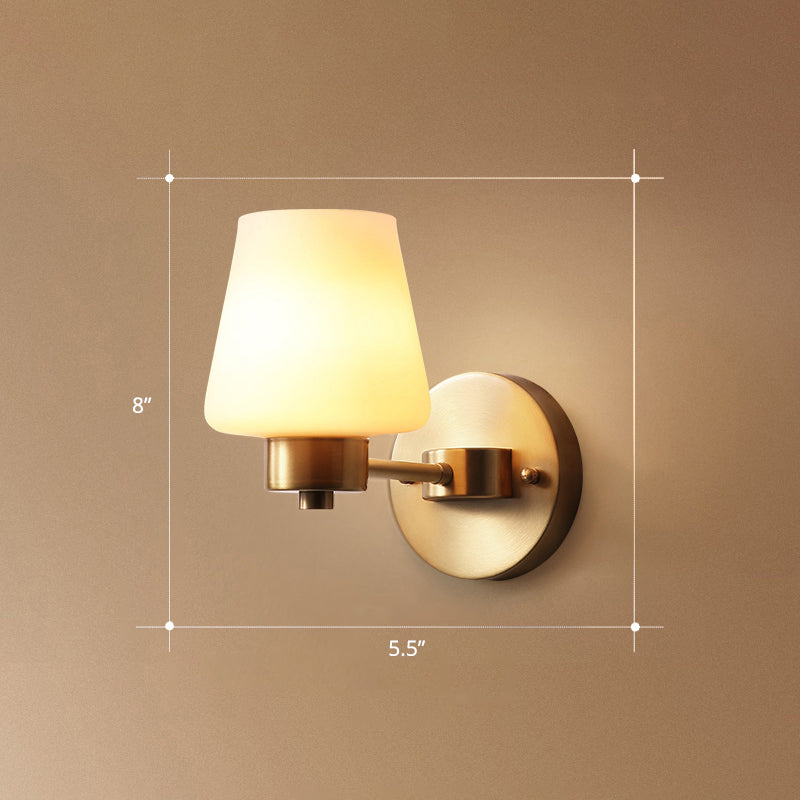 Minimalist Conic Wall Lamp Sconce 1-Bulb Cream Glass Wall Mounted Light in Brass for Dining Room