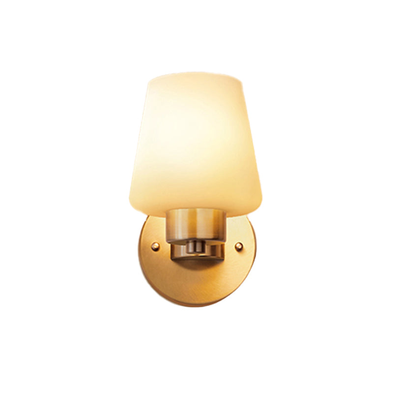 Minimalist Conic Wall Lamp Sconce 1-Bulb Cream Glass Wall Mounted Light in Brass for Dining Room