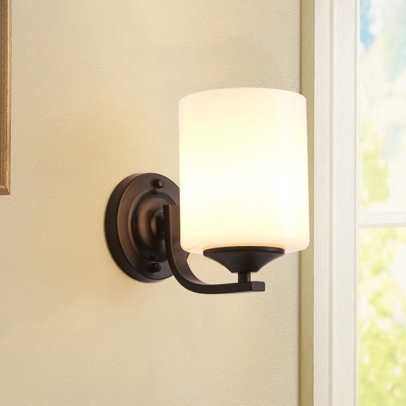 Single-Bulb Wall Sconce Simplicity Cylinder White Glass Wall Light Fixture in Black
