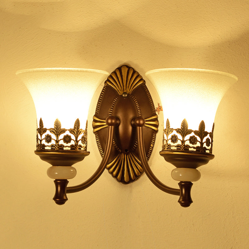 Flared Bedroom Sconce Light Fixture Rustic Frosted White Glass Wall Mounted Lamp