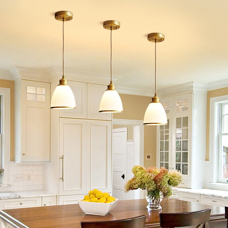 Bell Shade Dining Room Hanging Light Simple Style Opal Glass 1-Light Brass Pendant Lamp