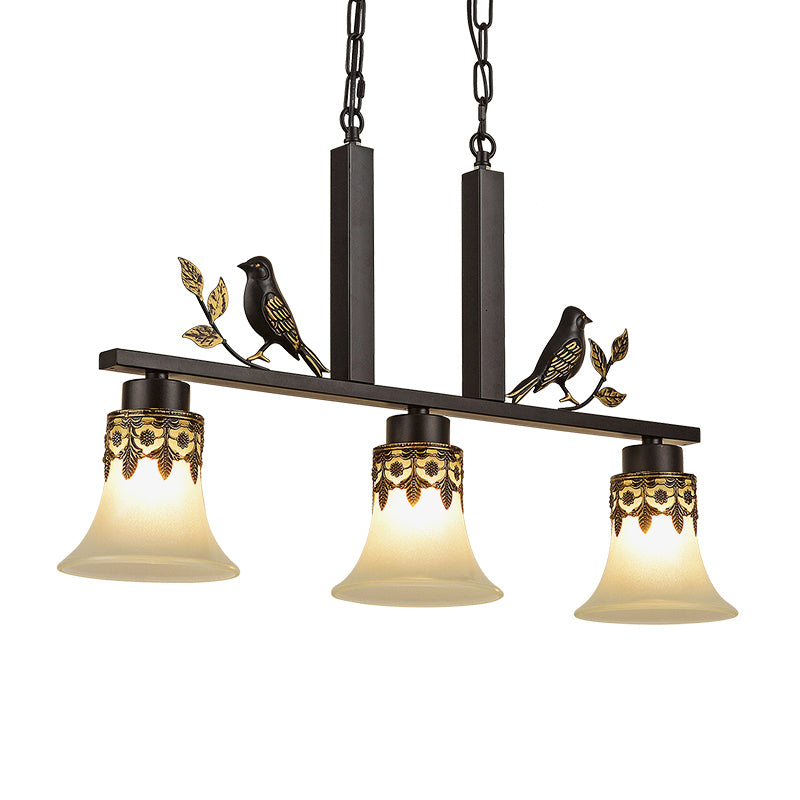 Opal Frosted Glass Flared Island Light Fixture Rustic 3-Light Dining Room Pendant with Bird Decoration in Black