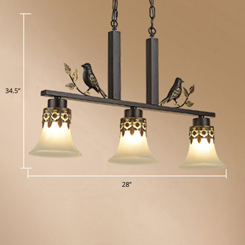 Opal Frosted Glass Flared Island Light Fixture Rustic 3-Light Dining Room Pendant with Bird Decoration in Black