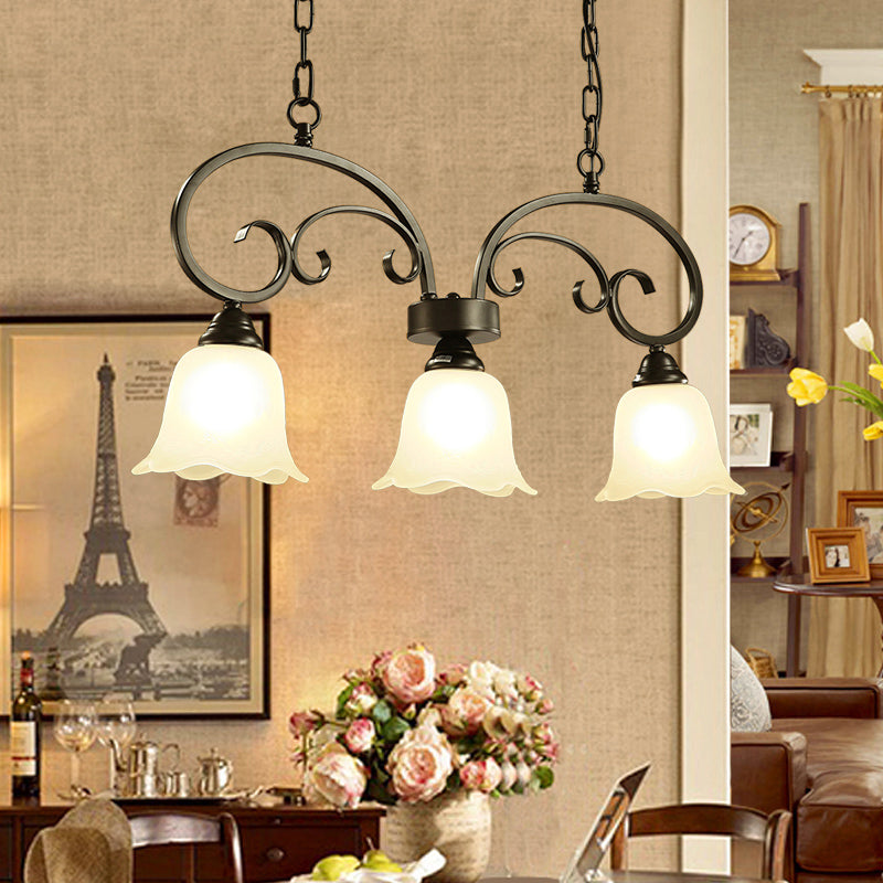 3 Lights Frosted White Glass Island Pendant Rustic Black Floral Swirls Restaurant Hanging Lamp
