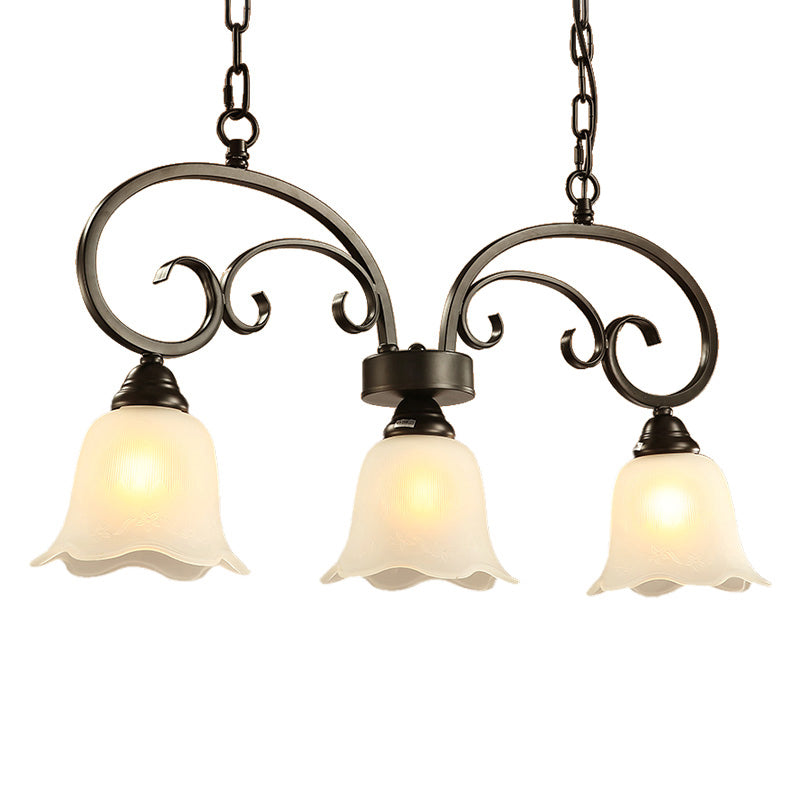 3 Lights Frosted White Glass Island Pendant Rustic Black Floral Swirls Restaurant Hanging Lamp