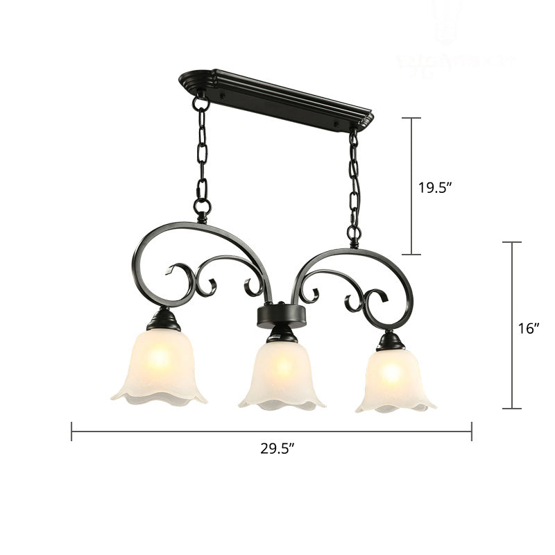 3 Lights Frosted White Glass Island Pendant Rustic Black Floral Swirls Restaurant Hanging Lamp