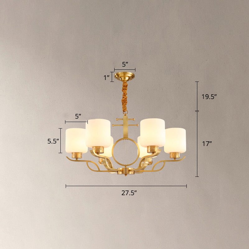 Chandelier Light Traditional Living Room Pendant Light with Cylinder Milk Glass Shade in Brass