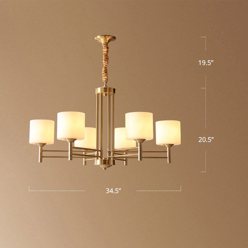 Brass Cylindrical Pendant Lighting Traditional White Glass Living Room Chandelier Lamp