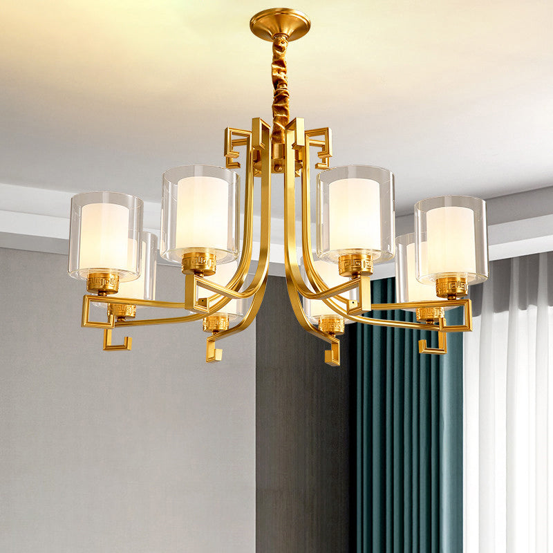 2-Layered Glass Chandelier Antique Style Restaurant Suspension Pendant Light in Brass