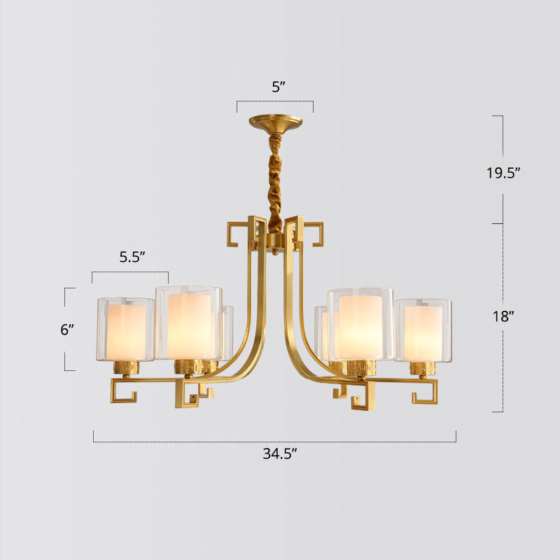 2-Layered Glass Chandelier Antique Style Restaurant Suspension Pendant Light in Brass