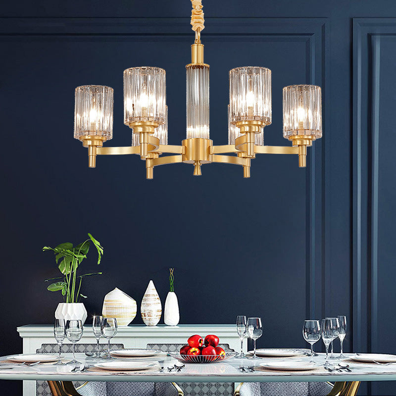Prismatic Crystal Glass Brass Chandelier Cylindrical Minimalistic Suspension Light Fixture for Restaurant