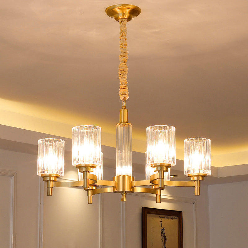 Prismatic Crystal Glass Brass Chandelier Cylindrical Minimalistic Suspension Light Fixture for Restaurant