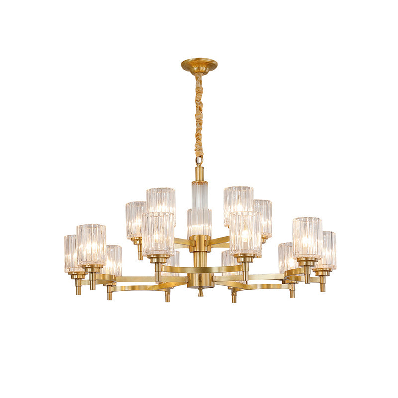 Prismatic Crystal Glass Brass Chandelier Cylindrical Minimalistic Suspension Light Fixture for Restaurant