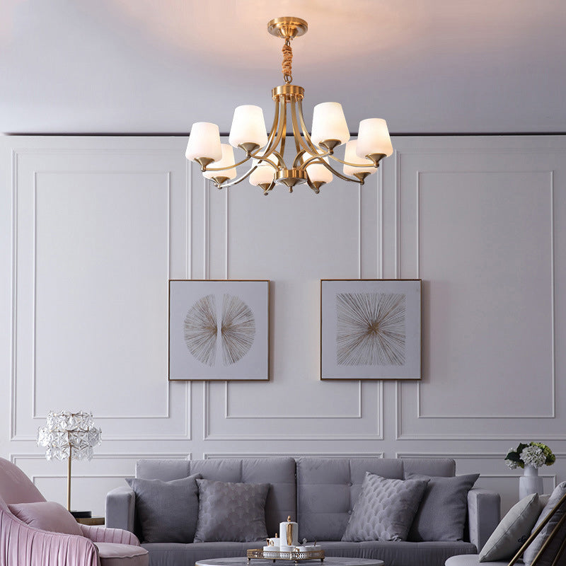 Traditional Tapered Hanging Ceiling Light Opaline Glass Chandelier Lighting in Brass
