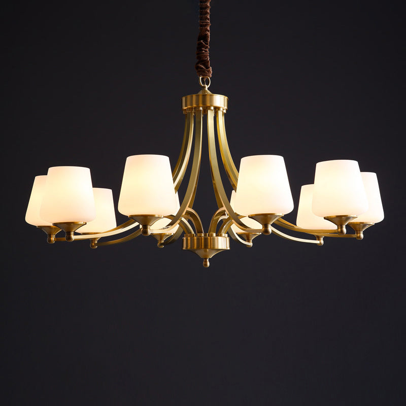 Traditional Tapered Hanging Ceiling Light Opaline Glass Chandelier Lighting in Brass