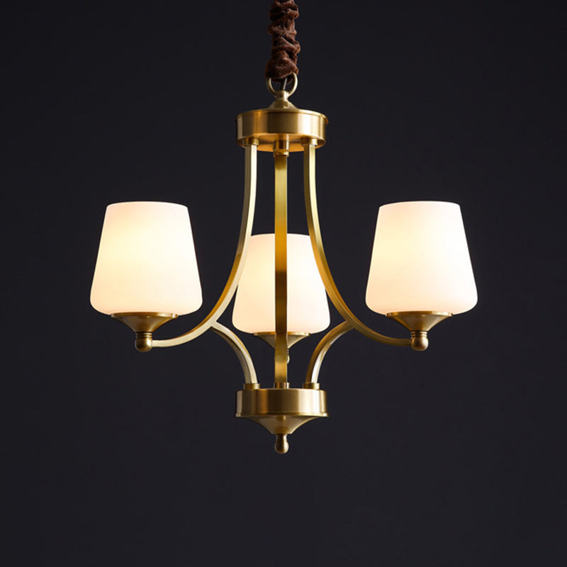 Traditional Tapered Hanging Ceiling Light Opaline Glass Chandelier Lighting in Brass