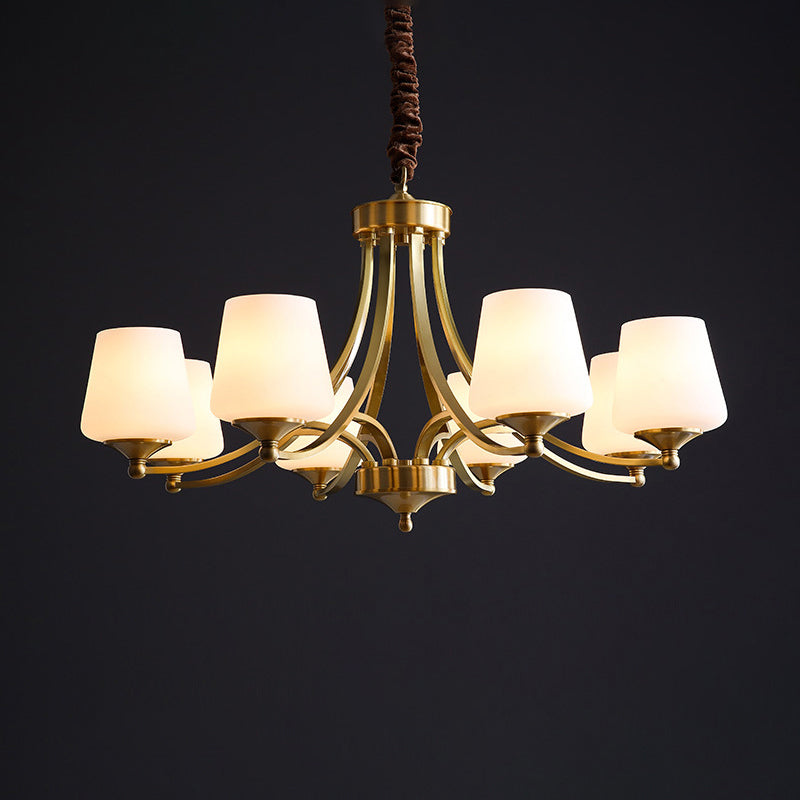 Traditional Tapered Hanging Ceiling Light Opaline Glass Chandelier Lighting in Brass