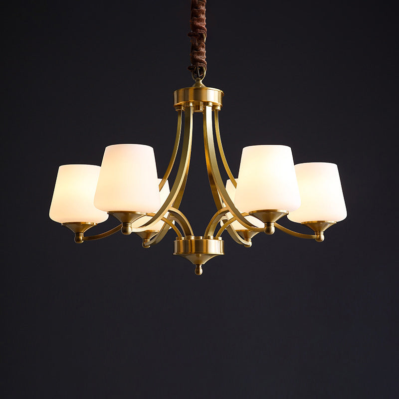 Traditional Tapered Hanging Ceiling Light Opaline Glass Chandelier Lighting in Brass